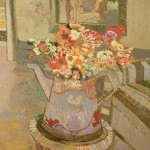 Zinnias in Blue Watering Can 39 1/2 x 28 1/2 Cornwall, CT, 1968